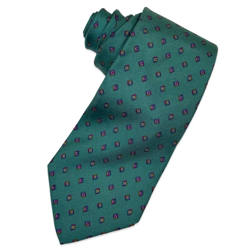 Vintage Geoffrey‎ Beene Necktie Tie Green Geometric Medallion Italian Silk USA